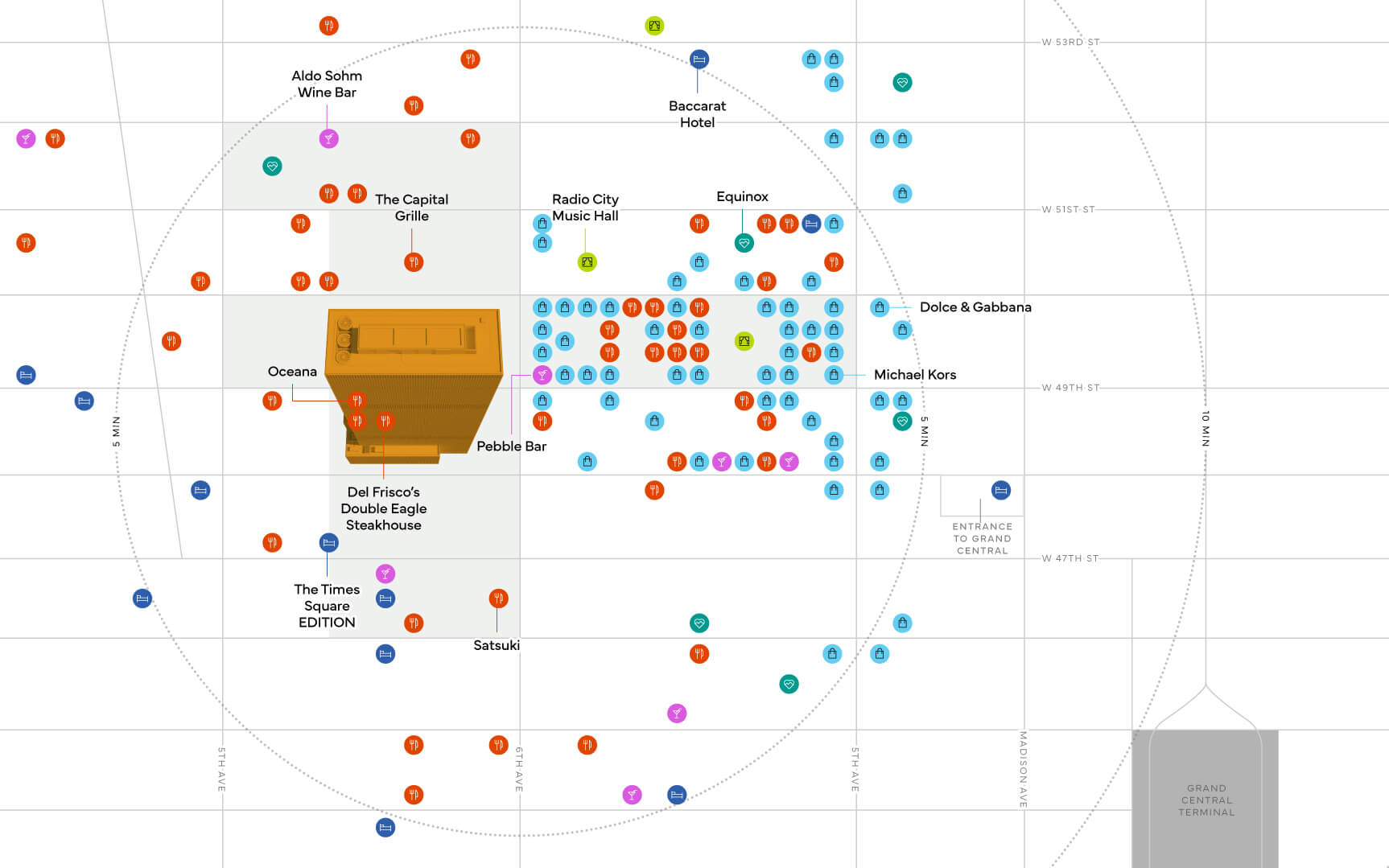 A map of all the near by restaurants, stores and bars in the area