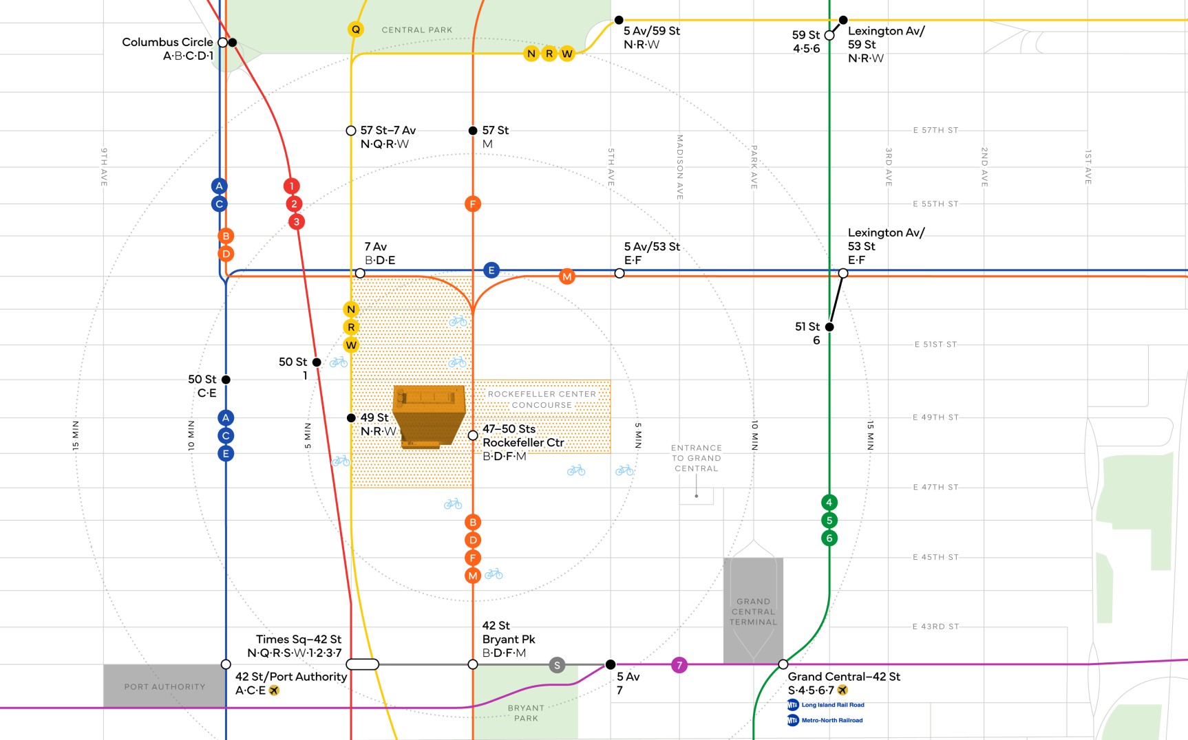 A map of subway stations that surround the gold office building